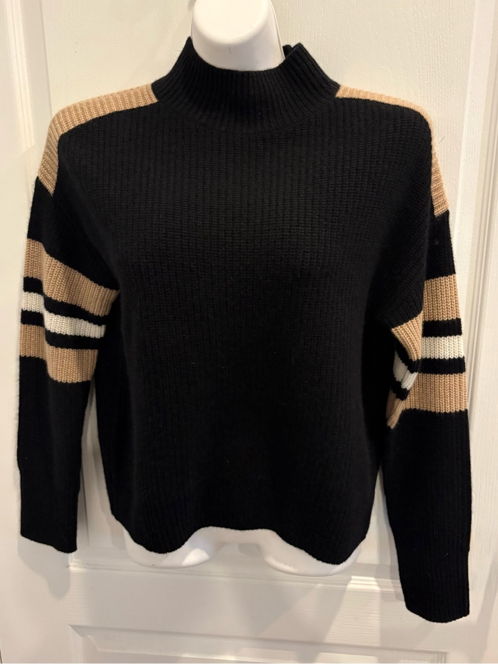 AQUA Cashmere Stripe Sleeve Mock Neck Cashmere Sweater Size S